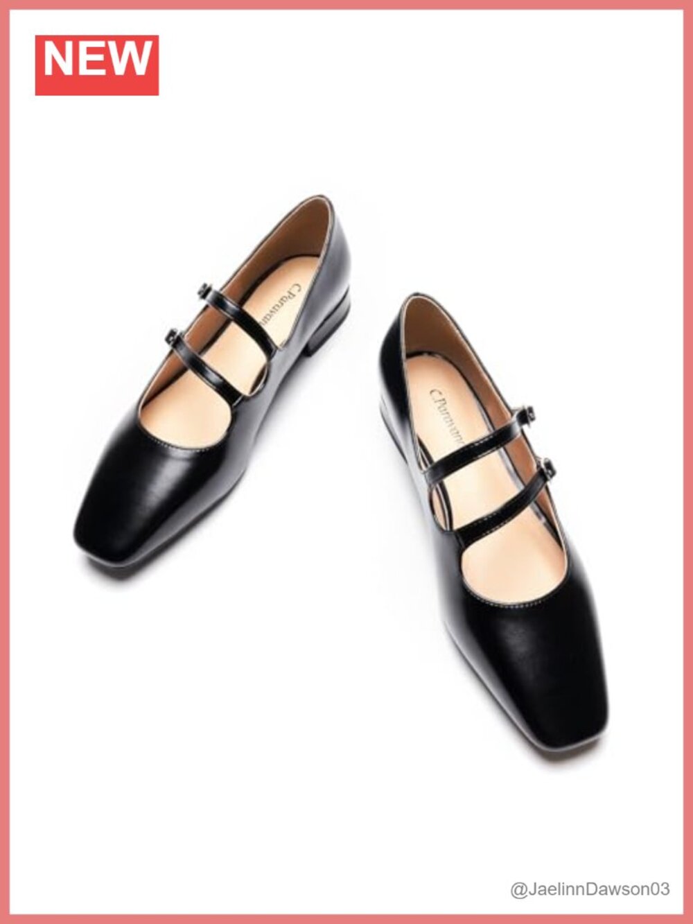 Women's Square Toe Mary Jane Flats with Low Block Heel - Lambskin Leather